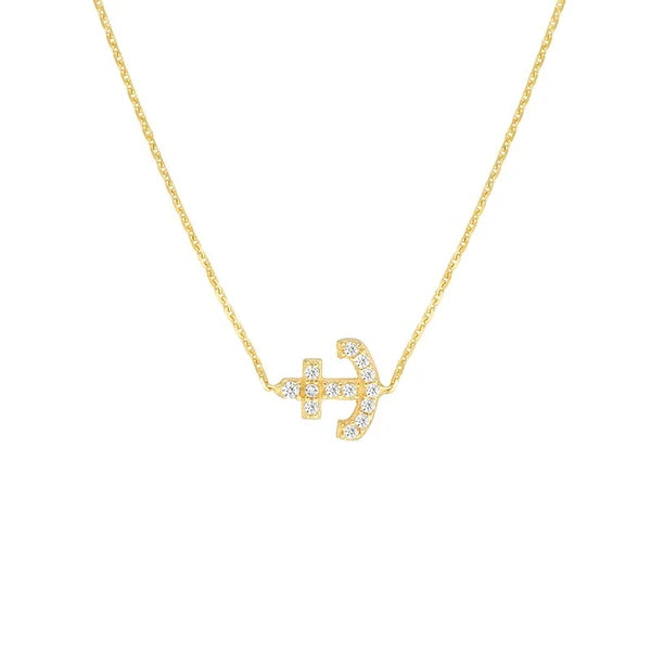 Sideways Mini CZ Anchor Necklace