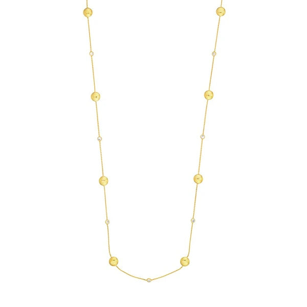 Sterling Silver Polished Bead and CZ Station Long Necklace