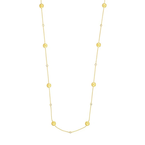 Sterling Silver Polished Bead and CZ Station Long Necklace