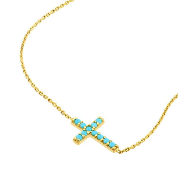 Simulated Turquoise Sideways Cross Necklace