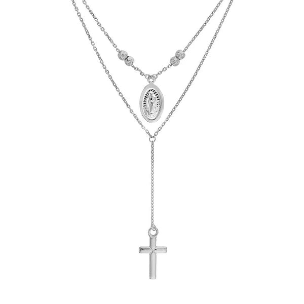 Sterling Silver Virgin Mary and Cross Drop Adjustable Choker