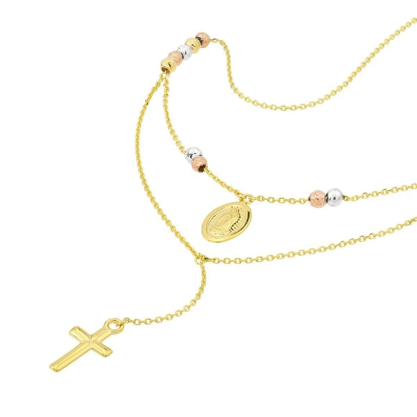 Tri-Color Virgin Mary and Cross Duo Necklace