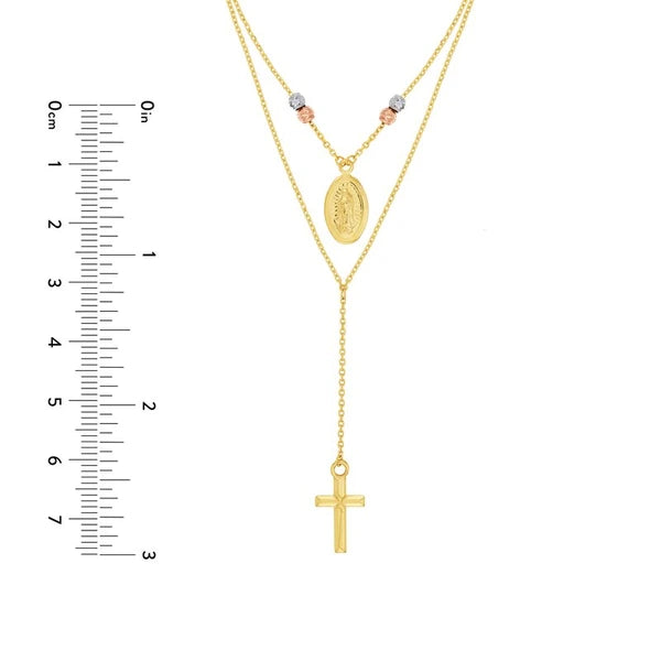 Tri-Color Virgin Mary and Cross Duo Necklace