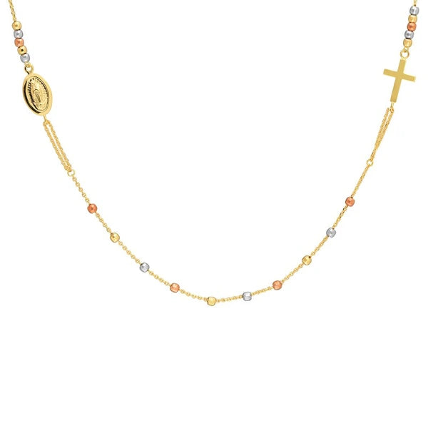 Tri-Color Cross and Virgin Mary Beaded Necklace