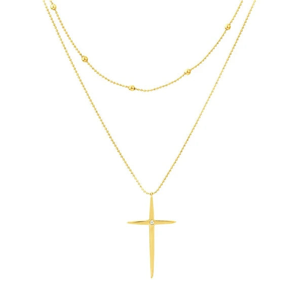 Bead and 1pt Diamond Cross Duo Necklace