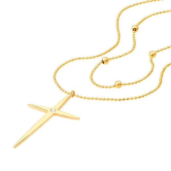 Bead and 1pt Diamond Cross Duo Necklace