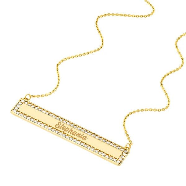 Engravable Bar Necklace with 1/3tcw Diamond Border