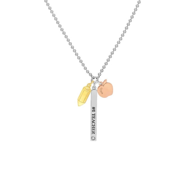 Sterling Silver #1 Teacher Bar Dangles Mixed Charm Necklace