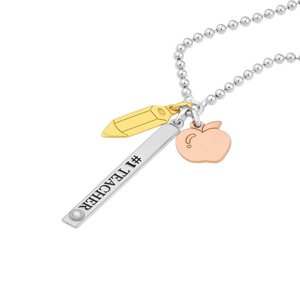 Sterling Silver #1 Teacher Bar Dangles Mixed Charm Necklace