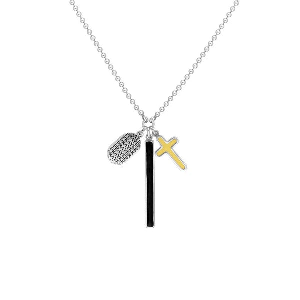 Sterling Silver EN/Amel Bar with Cross Mixed Charm Necklace