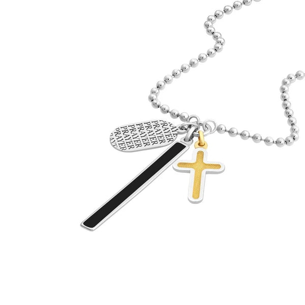 Sterling Silver EN/Amel Bar with Cross Mixed Charm Necklace