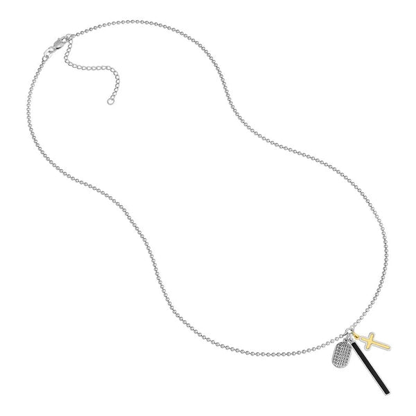 Sterling Silver EN/Amel Bar with Cross Mixed Charm Necklace