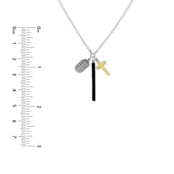 Sterling Silver EN/Amel Bar with Cross Mixed Charm Necklace