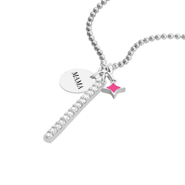 Sterling Silver Girl Mama CZ Bar Mixed Charm Necklace