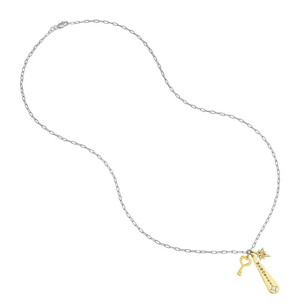 Sterling Silver CZ Memories Paper Clip Chain Charm Necklace
