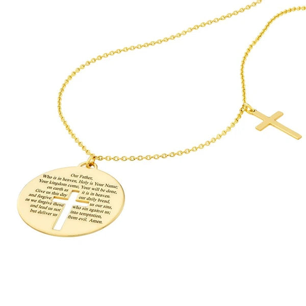 Lord's Prayer Disc Necklace with Crosses