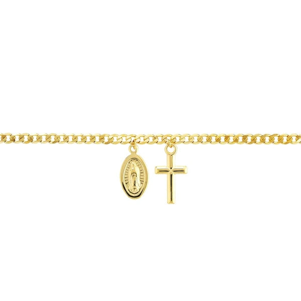 Cross/Mary Dangles on Open Curb Chain Anklet