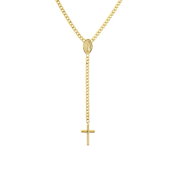 Mary and Cross Curb Chain Lariat Necklace