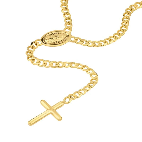 Mary and Cross Curb Chain Lariat Necklace