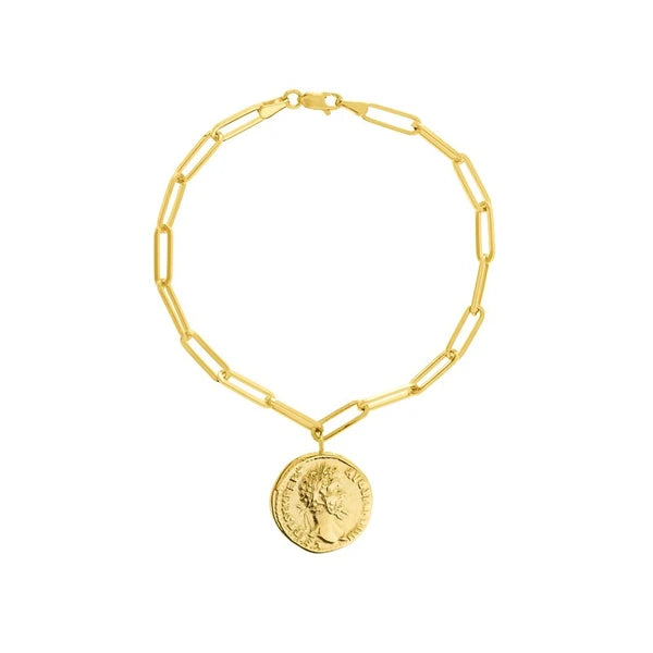 Antique Coin on Long Link Chain Bracelet