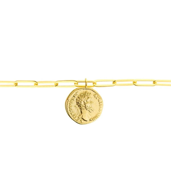 Antique Coin on Long Link Chain Bracelet