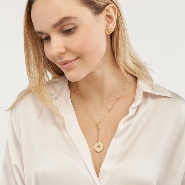 Paper Clip Chain Y-Necklace with Disc Drop