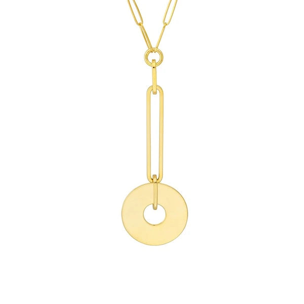 Paper Clip Chain Y-Necklace with Disc Drop