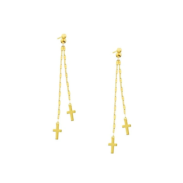 Polished Double Strand Dangle Cross Earrings