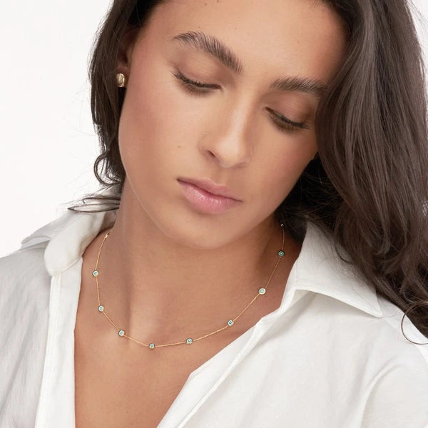 Lt. Turquoise EN/Amel Round Evil Eye Station Necklace