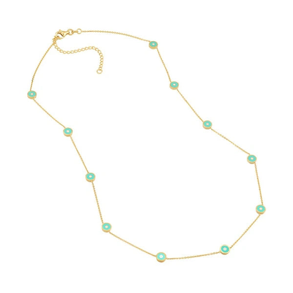 Lt. Turquoise EN/Amel Round Evil Eye Station Necklace