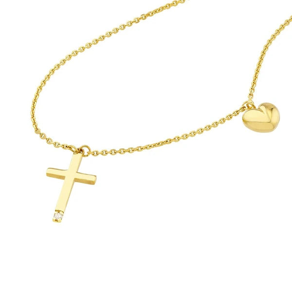 Solitaire Diamond Cross Necklace with Puff Heart Charm