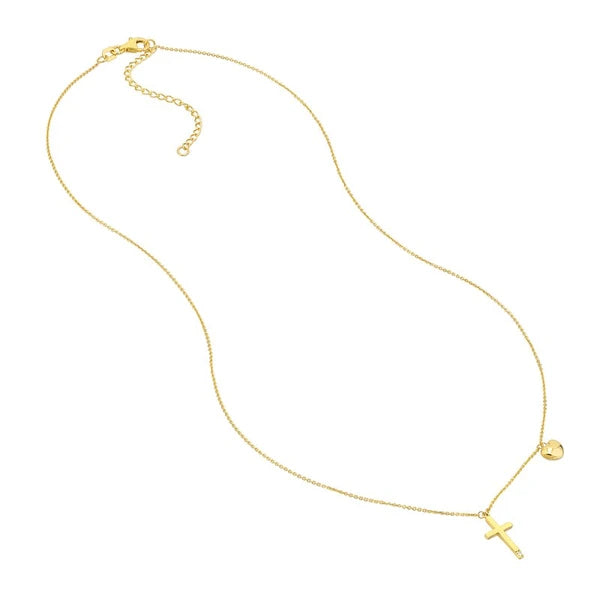 Solitaire Diamond Cross Necklace with Puff Heart Charm