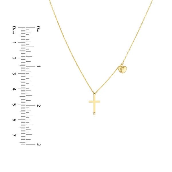 Solitaire Diamond Cross Necklace with Puff Heart Charm