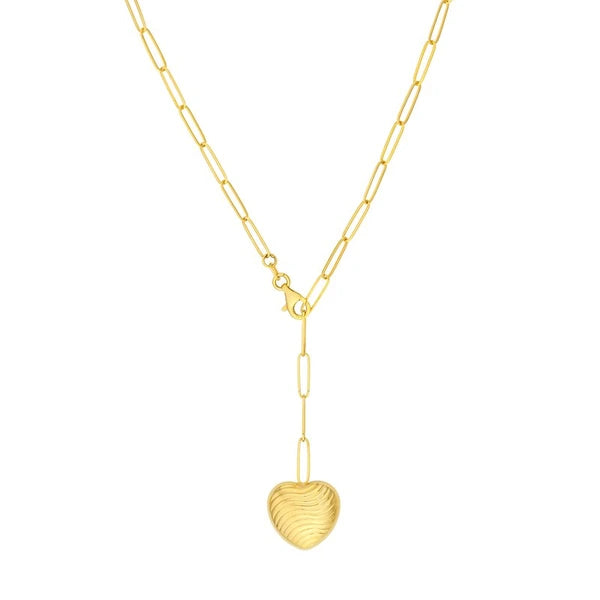 Textured Puff Heart Paper Clip Lariat Necklace