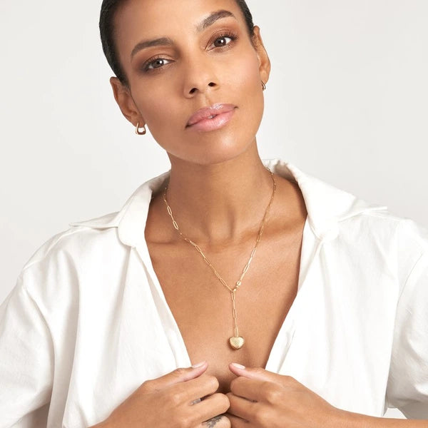 Textured Puff Heart Paper Clip Lariat Necklace