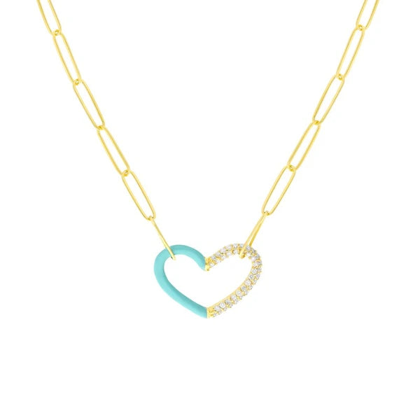 50/50 Lt. Turquoise EN/Amel Diamond Heart Necklace
