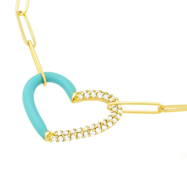 50/50 Lt. Turquoise EN/Amel Diamond Heart Necklace