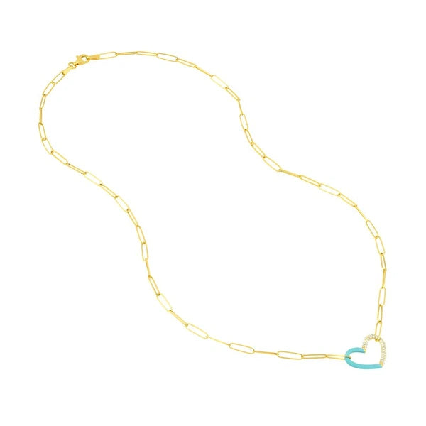 50/50 Lt. Turquoise EN/Amel Diamond Heart Necklace