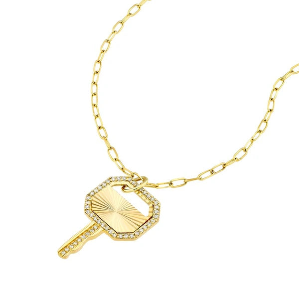 Fluted Diamond Frame Key Pendant on Paper Clip Chain