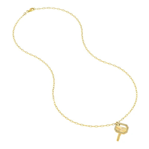 Fluted Diamond Frame Key Pendant on Paper Clip Chain