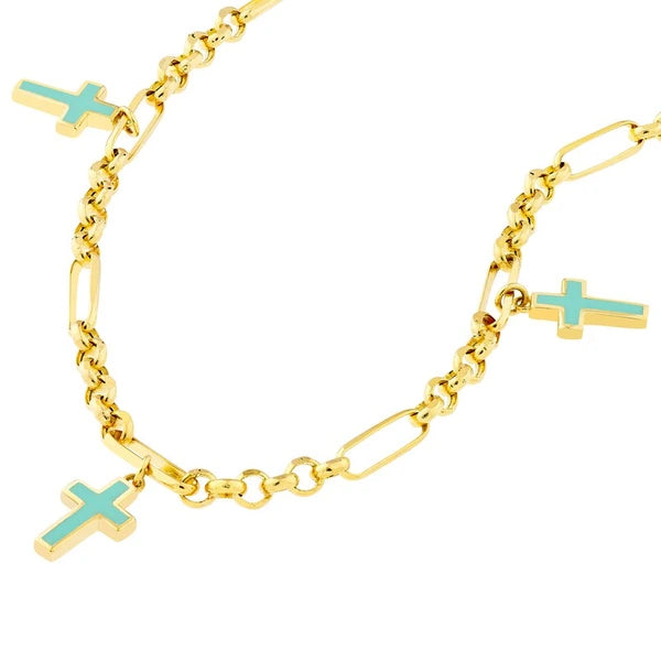 Lt.Turquoise Crosses on 6+1 Rolo Chain Bracelet