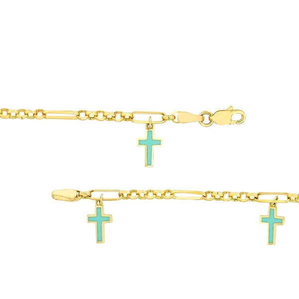 Lt.Turquoise Crosses on 6+1 Rolo Chain Bracelet