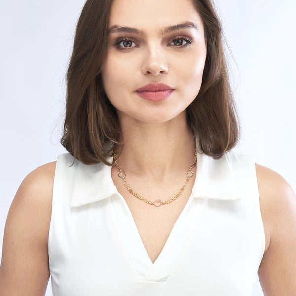 Two Tone Heart and Link Station Necklace