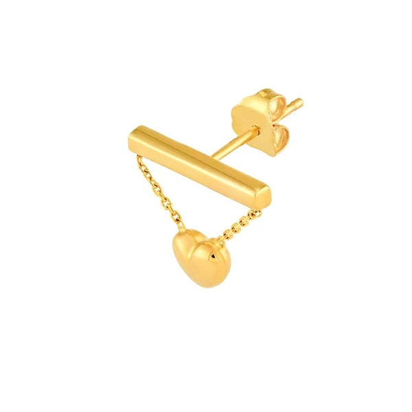 Horizontal Bar Earrings with Dangle Heart Chain