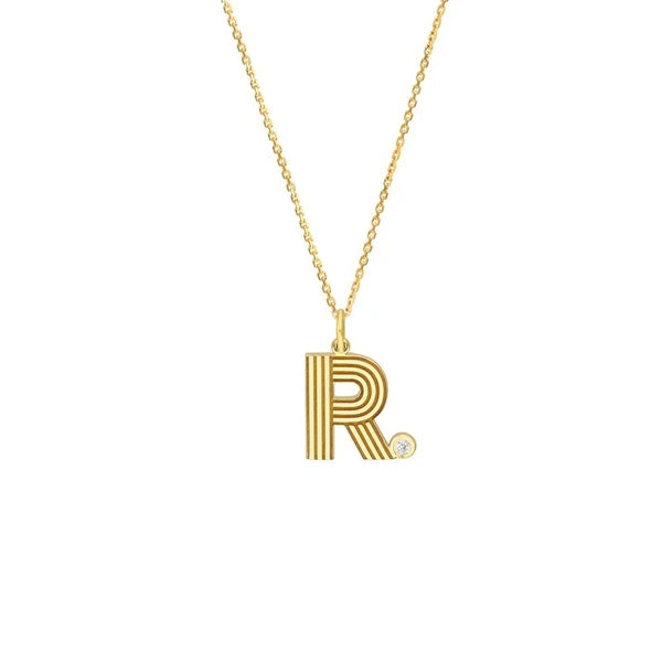 Block Lined Initial 'R' with Diamond Necklace