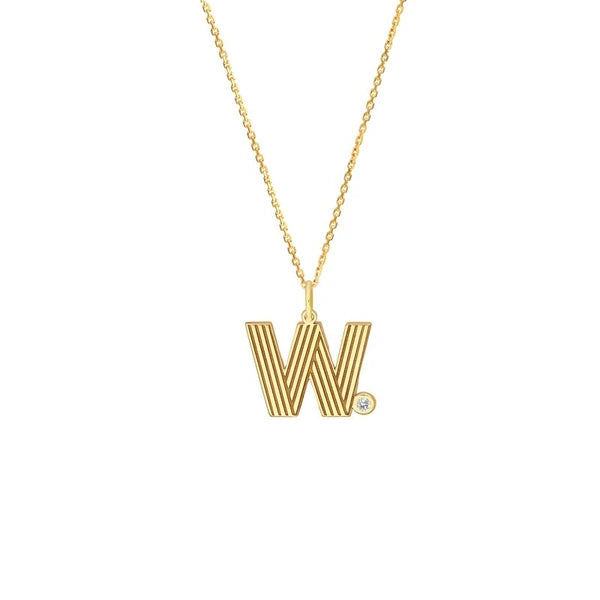 Block Lined Initial 'W' with Diamond Necklace