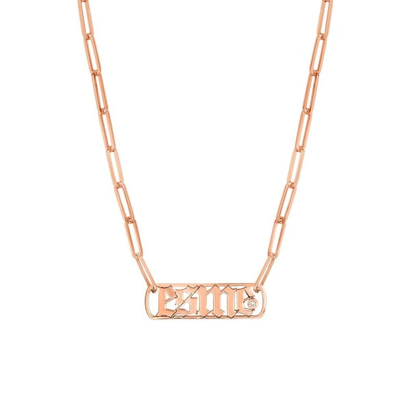 Gothic N/Ameplate Paper Clip Necklace w/Diamond