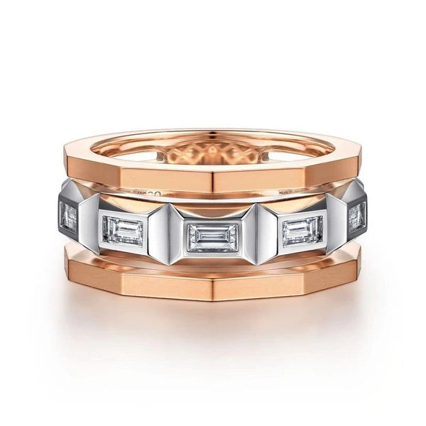 14K White and Rose Gold Faceted Ring with Diamond Baguettes