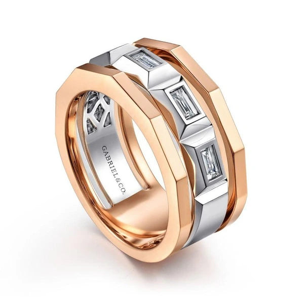 14K White and Rose Gold Faceted Ring with Diamond Baguettes
