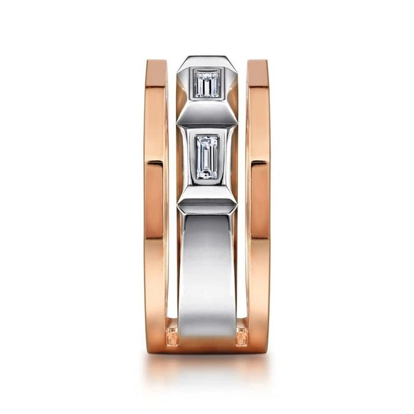 14K White and Rose Gold Faceted Ring with Diamond Baguettes